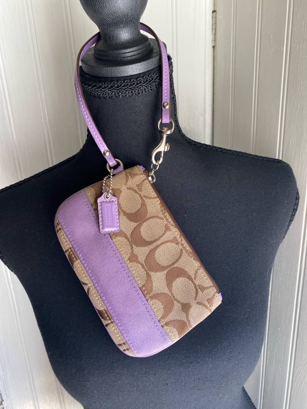Vintage Coach Signature Jacquard Wristlet in Brown and Lilac